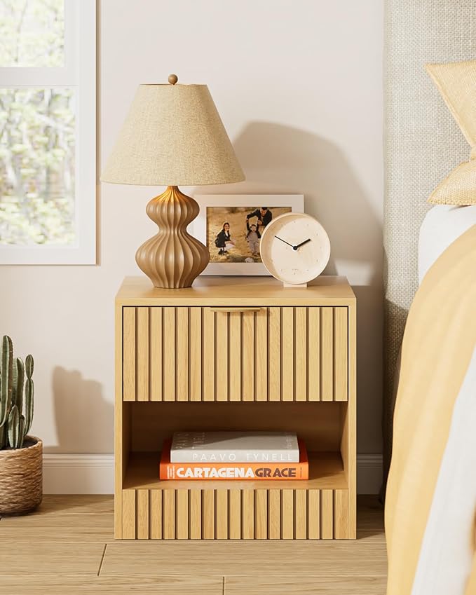 Small Nightstand, Modern Night Stand, Bedside Table with Drawer and Open Shelf, Cube Design, Small Side Table for Bedroom, Living Room, Oak