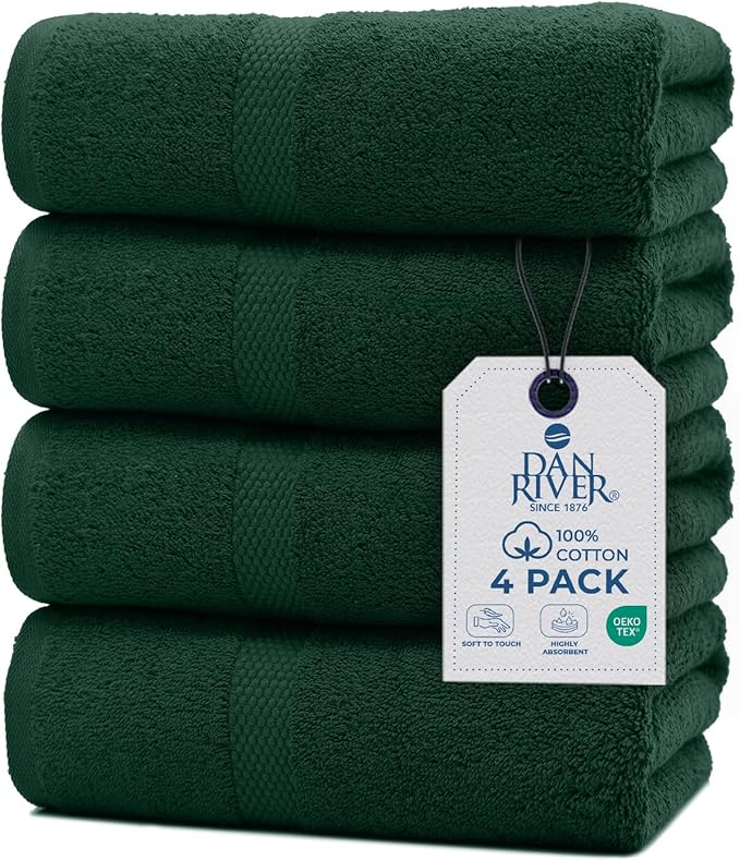 DAN RIVER Bath Towels Set of 4, 27 x 54 Inches, 100% Cotton, Larger & Lighter Weight, Quicker to Dry, Super Soft and Absorbent, Ideal Hotel Towels for Daily Use, Huntergreen