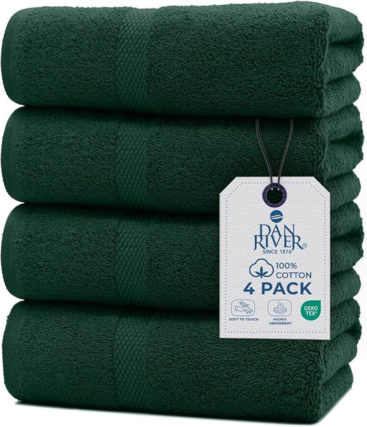 DAN RIVER Bath Towels Set of 4, 27 x 54 Inches, 100% Cotton, Larger & Lighter Weight, Quicker to Dry, Super Soft and Absorbent, Ideal Hotel Towels for Daily Use, Huntergreen
