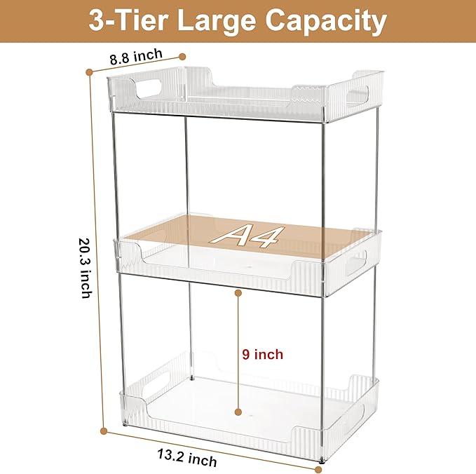 3-Tier Bathroom Counter Organizer, Multi-Purpose Cosmetics Skincare Shelf, Fits A4 Size Makeup Organizer for Office and Vanity Tray, Countertop Storage Solution for Kitchen,Bath.(Clear)