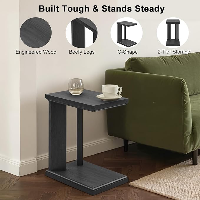 C Shaped End Table for Couch, 23.2'' High Small Side Table 2-Tier C Shaped Sofa Table for Small Narrow Spaces, Modern Nightstand for Bedroom, Living Room, Apartment, Home Office, Dark Grey