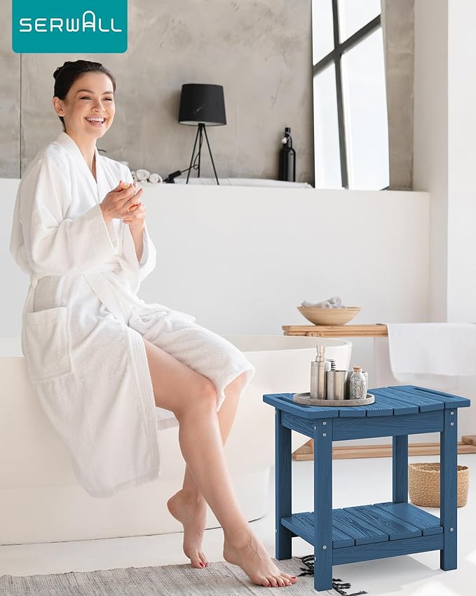 SERWALL Shower Bench, 18" Shower Stool for Inside Shower, HDPE Waterproof Shower Seats for Adults with Storage Shelf & Handles, 360 lbs Capacity- Blue