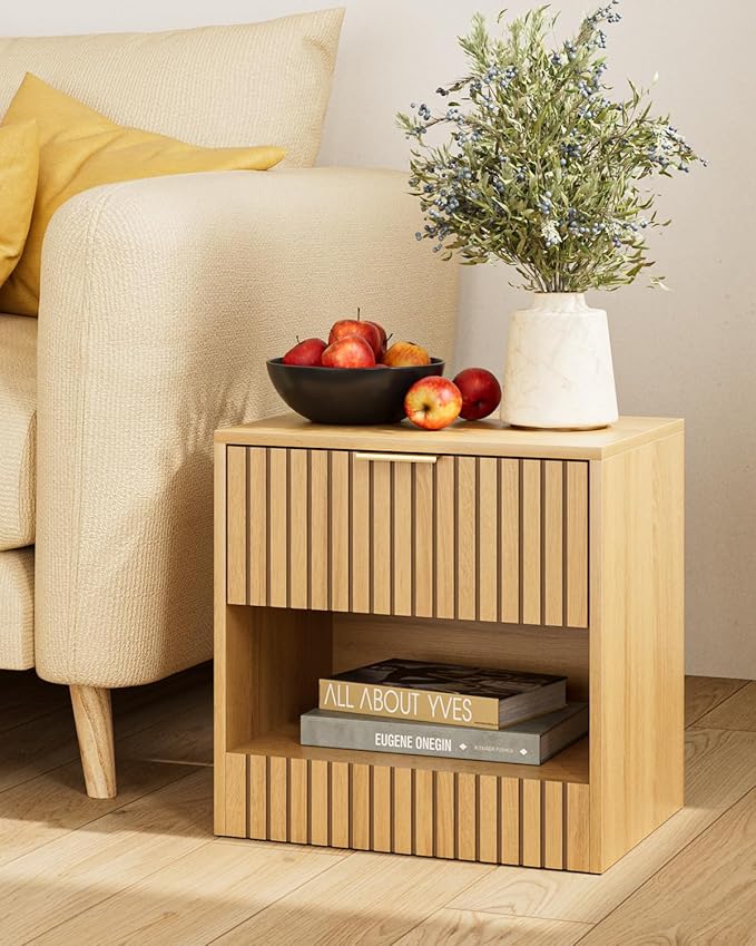 Small Nightstand, Modern Night Stand, Bedside Table with Drawer and Open Shelf, Cube Design, Small Side Table for Bedroom, Living Room, Oak