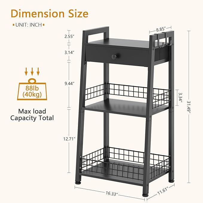 3-Tier Bathroom Ladder Shelf with Drawer, Freestanding Tower Shelf Ladder Bookshelf for Living Room, Bedroom -Black
