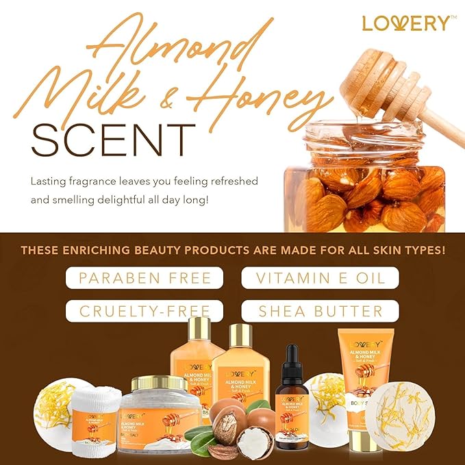 Gifts for Women Gift Basket for Women - 10 Pc Almond Milk & Honey Beauty & Personal Care Set - Home Bath Pampering Package for Relaxing - Spa Self Care Kit - Thank You, Birthday, Mom, Anniversary Gift