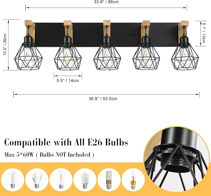 5-Light Farmhouse Bathroom Vanity Light Fixtures, Wood Bathroom Light Over Mirror, Rustic Sconces Wall Lighting with Elegant Metal Lampshade for Living Room, Bedroom, Hallway…