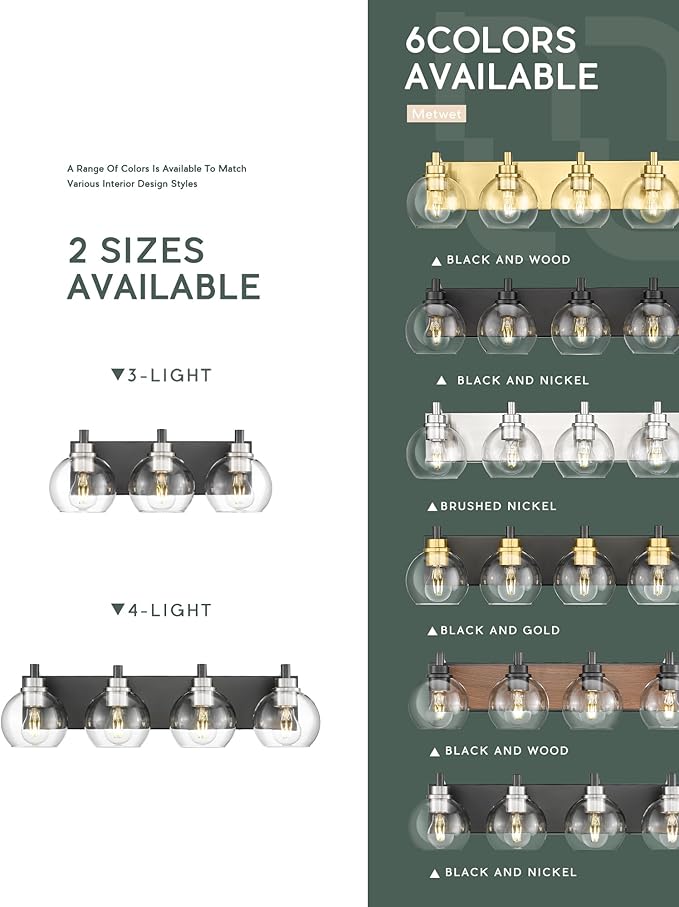 Bathroom Light Fixtures, 4-Light Black and Brushed Nickel Bathroom Vanity Light, 26 Inch Modern Wall Sconces with Globe Clear Glass Shade, Vanity Lighting Fixtures Over Mirror, VL195-KN-4