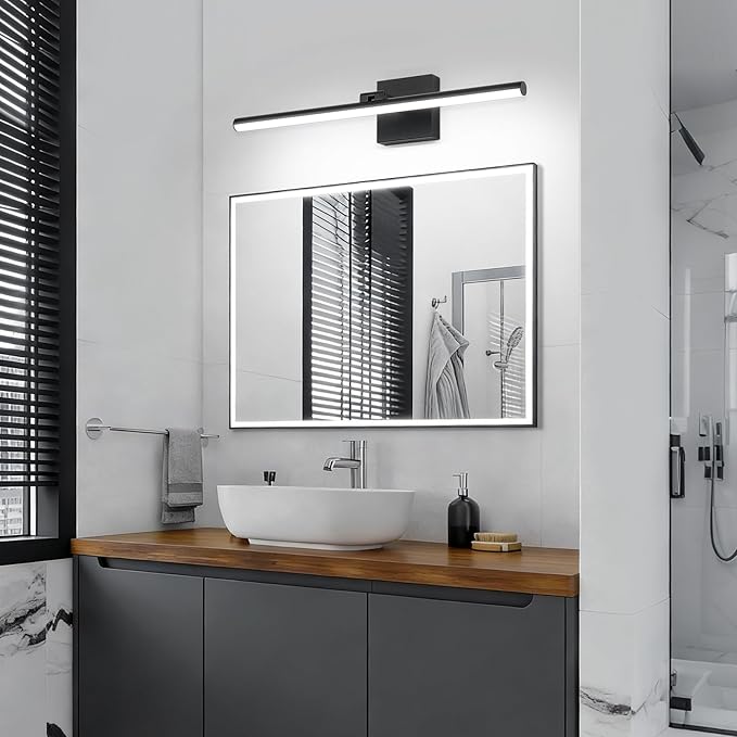 24 Inch LED Bathroom Vanity Light (Cool White 6000K), Black Modern Bathroom Light Fixture Over Mirror, Vanity Light Bar with Angle Adjustable