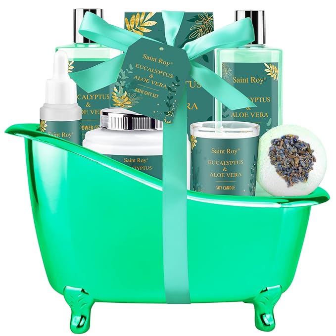 Spa Gift Basket Luxury bath and body Basket, Christmas Gifts for Women Her him, Bath Baskets for Women, 8 pcs Eucalyptus Aloe Spa shower gift, Birthday Gifts bath kit, Self Care Bath Gift Set