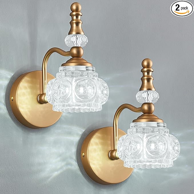 Modern Glass Crystal Vanity Light - Vintage Bathroom Lighting Fixtures Over Mirror, 2 Pack Vanity Lights G9 Bulb (7.87 Inch,Brass)