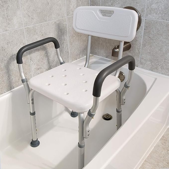 Vaunn Medical Deluxe Spa Shower Chair with Arms and Back, Bath Seat for Seniors, 350 lbs Max Weight, White With Light Gray Arms