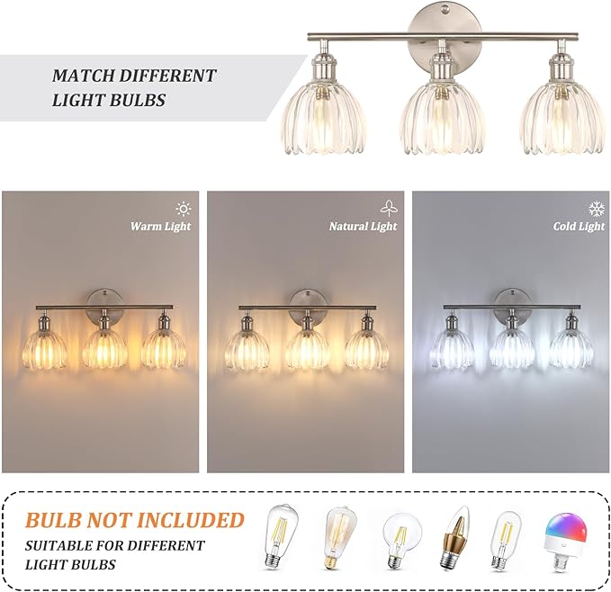 Bathroom Light Fixtures, 3-Light Vanity Wall Light Over Mirror with Clear Tulip Glass Shade for Bedroom Living Room (Bulb Not Included), Satin Nickel