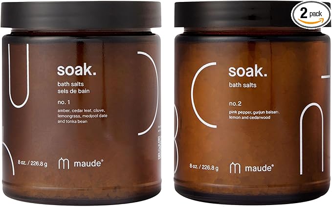 Maude Soak Bundle - Soak Mineral Bath Salts with Hand-Harvested Dead Sea Salt Crystals and Vitamins - Soak No. 1 + No. 2 (8 oz, Two Count)