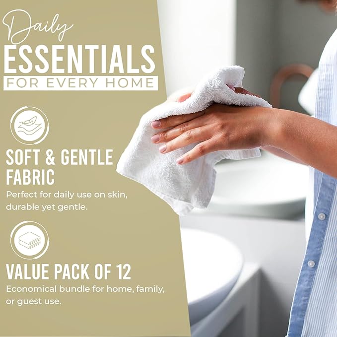 DAN RIVER 12 Pack Wash Cloths for Showering [12x12] - 100% Cotton Washcloths Premium Quality Flannel Face Cloths for Bathroom, Highly Absorbent and Soft Feel Wash Clothes, Ivory