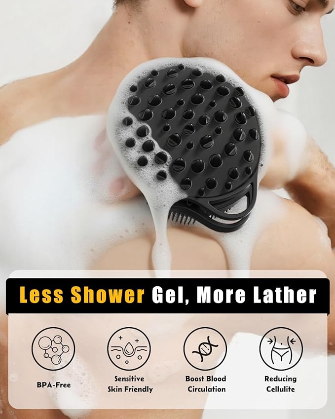 2 in 1 Silicone Body Scrubber, Anti Cellulite Massage Scrubber, Exfoliating Shower Brush for Men & Women, Removes Dead Skin, Reduces Cellulite, Improves Circulation, Non Slip (2PC, Black + Pink)