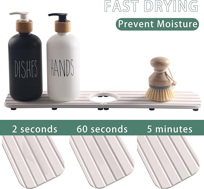 17inch x 4inch Kitchen Sink Faucet Mat, Water Absorbing Stone Faucet Splash Guard for Bathroom Counter, Quick Drying Diatomite Tray for Kitchen Sink, White