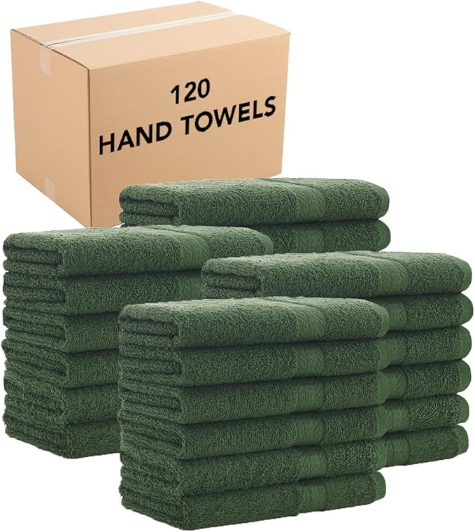 Arkwright True Color Solid Hand Towels - Bulk Case Set of 120 - Soft 100% Cotton Guest Bathroom Towel, Lightweight 475 GSM, Absorbent & Quick Dry, 16 x 27 in, Green