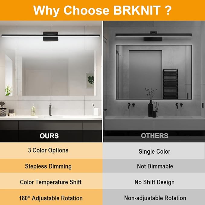 48 Inch LED Bathroom Vanity Light (3000K/4000K/6000K, Dimmable), Black Modern Bathroom Light Fixture Over Mirror, Vanity Light Bar with Angle Adjustable