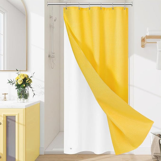 3 in 1 Stall Half Size Yellow Shower Curtain Set-36 W x 72 H, Modern Waffle Waterproof Fabric and PEVA Liner Set with Stainless Steel Hooks