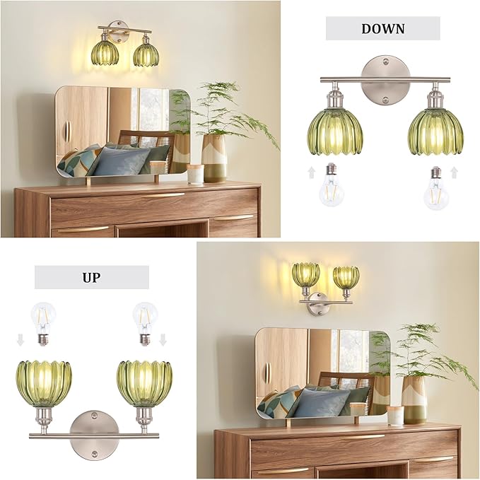 Bathroom Light Fixtures, 2-Light Vanity Wall Light Over Mirror with Green Tulip Glass Shade for Bedroom Living Room (Bulb Not Included), Satin Nickel