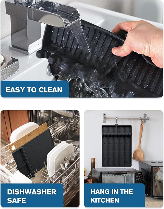 3 in 1 Silicone Griddle Tools Mat for Blackstone, Large Grill Side Shelf Mat, Heat Resistant Silicone Spatula Mat with Drip Pad, Utensil Rest with Drip Pad for Kitchen, Stovetop, Countertop- Black