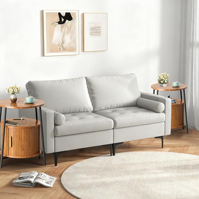 End Tables Set of 2 & Charging Station, Fluted Accent Side Table with Sliding Door, Mid-Century Modern Nightstand Set of 2 for Small Space, Living Room, Bedroom Sofa Couch (2, Yellow Walnut)