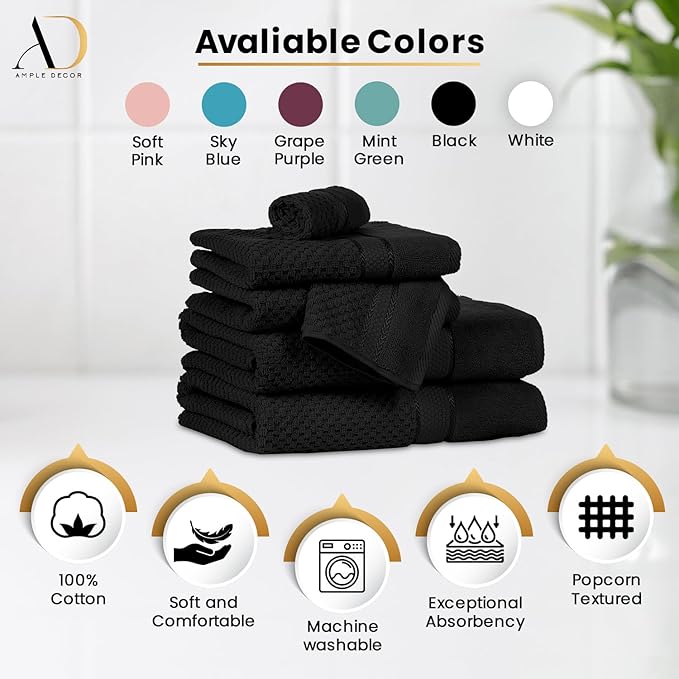 Ample Decor Wash Cloth Set of 10 100% Cotton - Popcorn Textured - Mulaayam Collection - Black 12 X 12 Inch