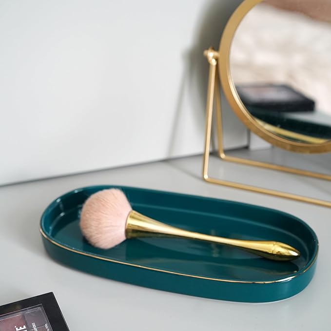 10x5 Bathroom Vanity Tray, Oval Ceramic Decorative Perfume Candle Tray for Bathroom/Kitchen Counter, Green