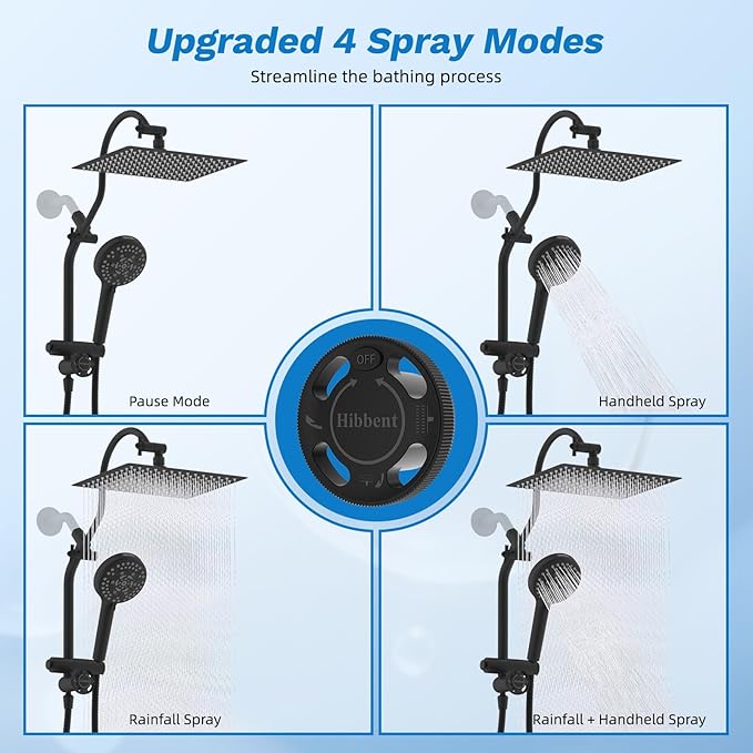 Hibbent Upgraded All Metal 12" Rainfall Showerhead Combo, High Pressure Shower Head with 10-Spray Mode Handheld, 4-way Diverter with Pause Mode, 71'' Shower Hose and Handheld Holder, Matte Black