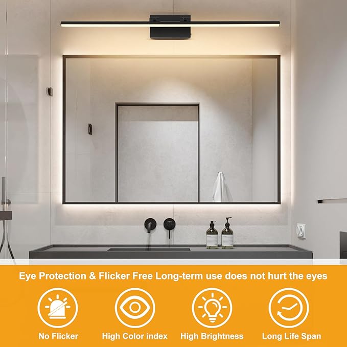 40 Inch LED Bathroom Vanity Light (3000K/4000K/6000K, Dimmable), Black Modern Bathroom Light Fixture Over Mirror, Vanity Light Bar with Angle Adjustable