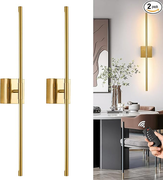Gold Battery Operated Wall Sconces, Dimmable Wall Sconces with Remote Control, Rechargeable Sconces Wall Lighting, 24″ LED Wireless Wall Lights for Bedroom, Living Room, Bathroom, Hallways