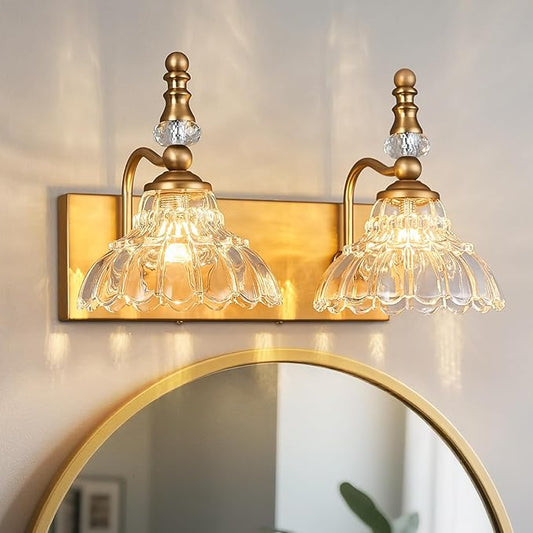 Vintage Bathroom Vanity Light, 2-Light Brass Vanity Lighting Fixture with Flower Glass Shade, Bathroom Lighting Fixtures Over Mirror