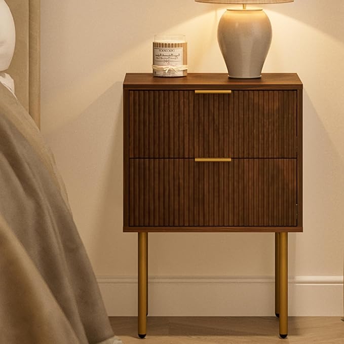 Masupu Night Stand,Mid-Century Modern Bedside Table with 2 Storage Drawer,Small Gold Frame Side End Table for Bedroom,Living Room, Walnut