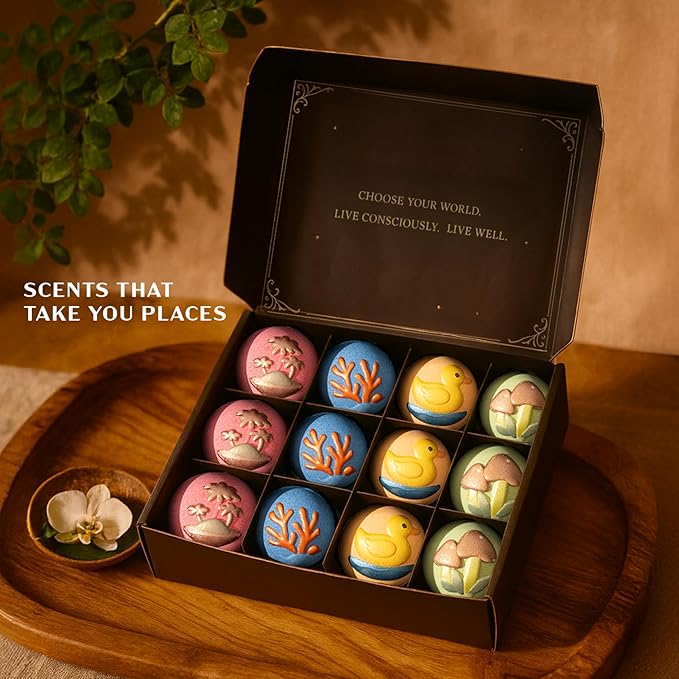 Atlasria™ Organic Bath Bombs for Women, 12 Gift Set, Large, Essential Oil, Safe Bubble Bath for Kids, Fun Bath time for Kids, Shea Butter Moisturize, Gift Ideas for Her Him, Miniature Worlds