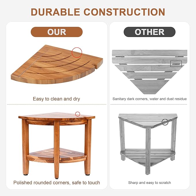 18" Teak Corner Shower Stool, 2-Tier Teak Shower Bench with Storage Shelf, Adjustable Non-Slip Feet, Natural