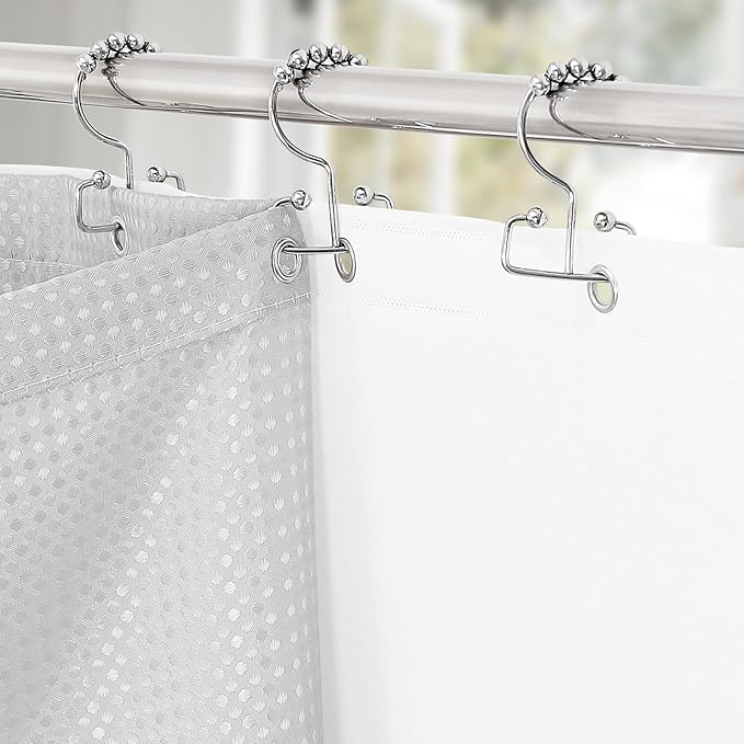 3 in 1 Shower Curtain Set, Light Grey Waffle Shower Curtain and PEVA Liner Set with 12 Stainless Steel Shower Curtain Hooks, Waterproof Shower Curtains for Bathroom, 72 W x 72 H