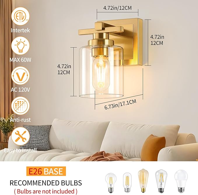 1 Light Modern Bathroom Light Fixtures Over Mirror, Brass Finish Vanity Lights for Bathroom Wall Sconces with Clear Glass Shades, E26 Socket (Bulbs Not Included)