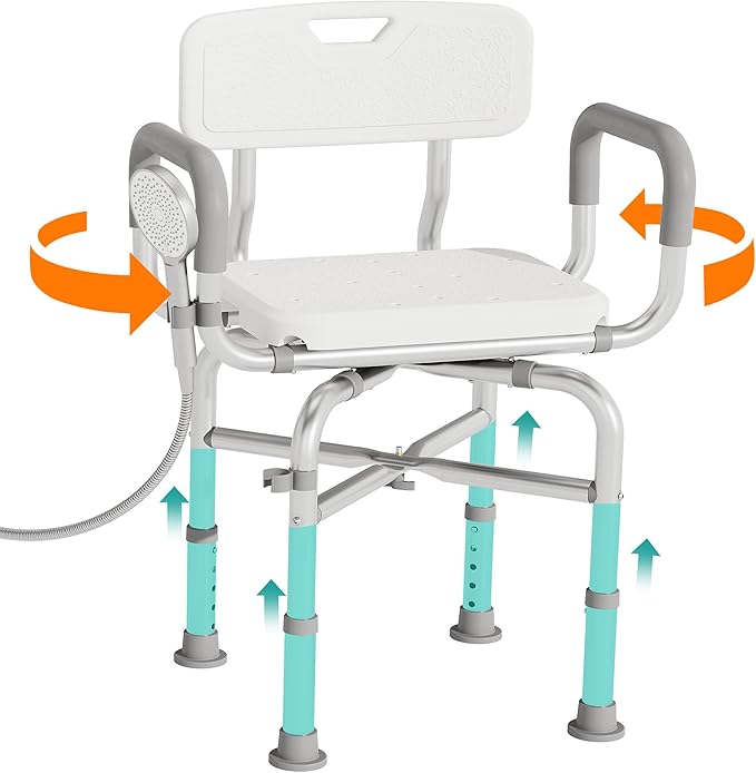 Swivel Shower Chair with Armrests and Back, 550 lbs Heavy-Duty Shower Seat for Showers and Bathtubs, 5- Height-Adjustable Adult Shower Chair, Elderly Bathtub Chair