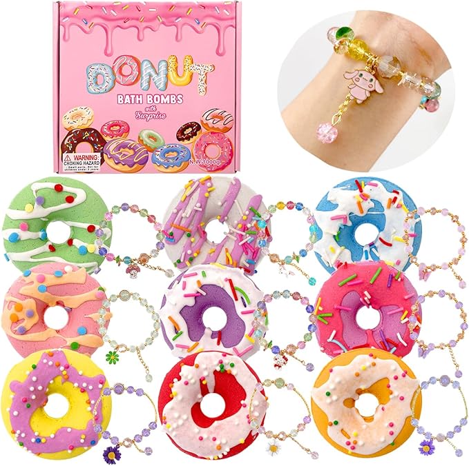 Donut Bath Bombs for Kids Girls, Natural and Safe Kids Bath Bombs with Bracelets Inside for Birthday, Calming and Long-Lasting Scent