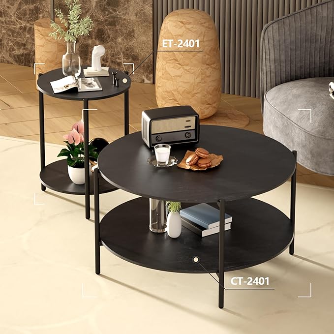 Round Side Table, 2-Tier Circle End Tables with Storage Wood Rustic Small End Tables Farmhouse Side Table for Living Room Bedroom Balcony Small Spaces