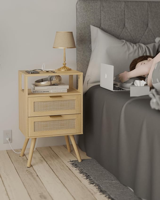 Rattan Nightstand with Charging Station,Modern Bedside Table with 2 Storage Drawer and Open Wood Shelf, for Bedroom and Small Spaces,Night Stand with Solid Wood Legs (Yellow Oak)