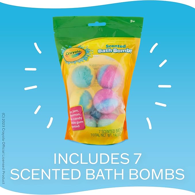 Crayola Colorful Scented Bath Bombs for Kids, Color You Bath Non-Toxic Bathbomb Fizzies for Boys Girls Holiday Stocking Stuffer, Grape Jam, Laser Lemon, Cotton Candy, & Bubble Gum Scents