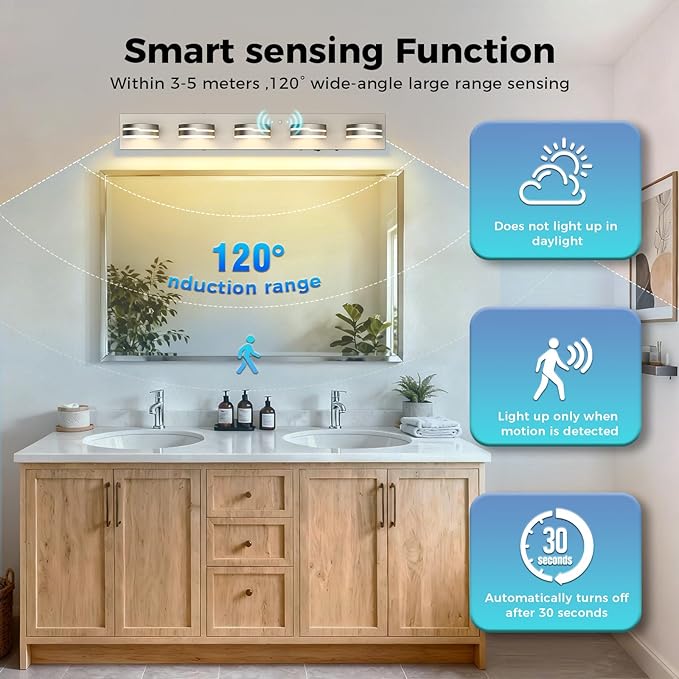 32In Motion Sensor Vanity Light Brushed Nickel, 3CCT 5-Light Modern LED Bathroom Lighting Fixtures Over Mirror, Rotatable Head, Dimmable 3000K-6000K Wall Sconce, Anti-Rust Silver