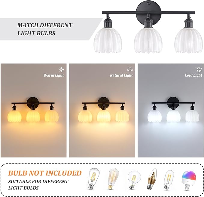 Bathroom Light Fixtures, 3-Light Black Vanity Wall Light Over Mirror with White Tulip Glass Shade for Bedroom Living Room (Bulb Not Included)