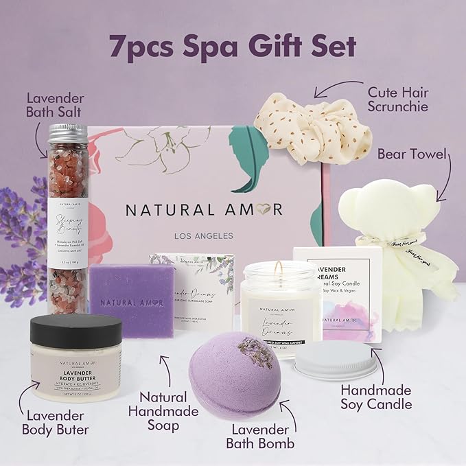 Natural Amor Lavender Spa Gifts for Women,7pcs Self Care Box Including Soap Bar, Candle, Bath Butter