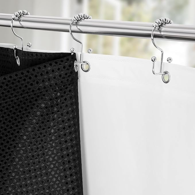 3 in 1 Extra Long Shower Curtain Set-72 W x 84 H, Black Waffle and PEVA Liner Set with 12 Stainless Steel Hooks, Waterproof Fabric for Bathroom