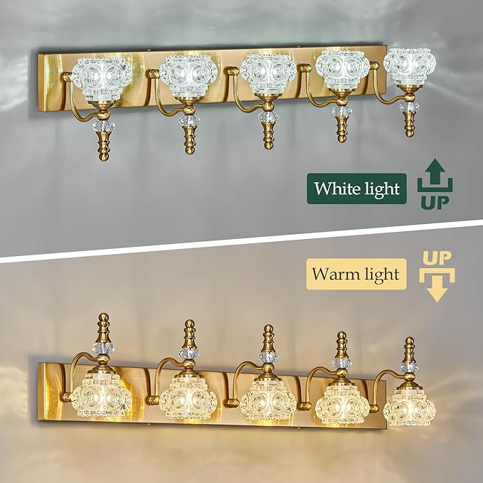 Modern Glass Crystal Vanity Light - Vintage Bathroom Lighting Fixtures Over Mirror, 5 Light Vanity Lights G9 Bulb (35.43 Inch, Gold)