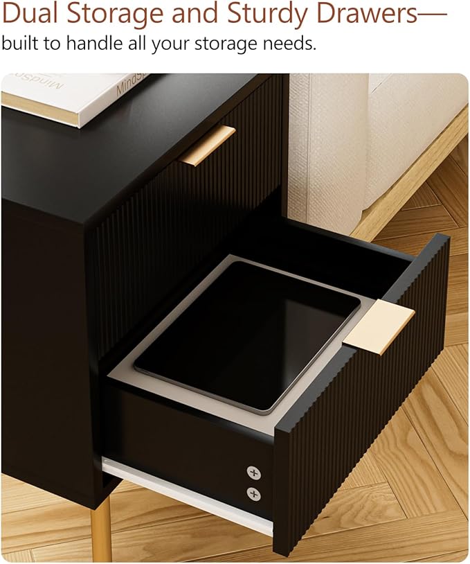 Masupu Nightstand,Mid-Century Modern Bedside Table with 2 Storage Drawer,Small Gold Frame Side End Table for Bedroom,Living Room, Black