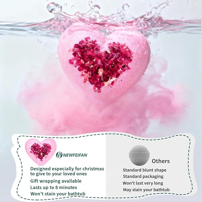 Christmas Bath Bombs Stocking Stuffers for Women Mom Her Gifts Set, Organic Heart Shaped White Elephant Gifts for Adults, Handmade Natural with Rose Essential Oil, Perfect Teen Girl Gifts for Wife