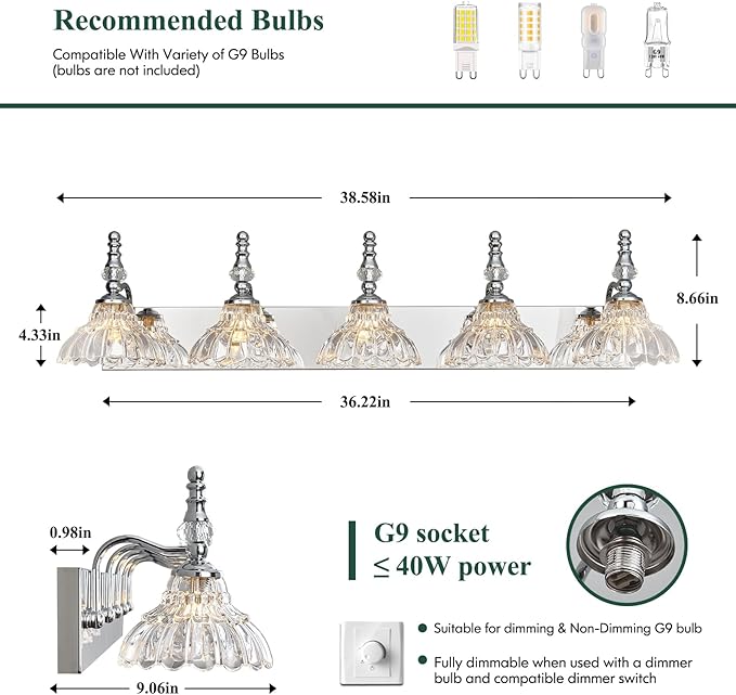 Vintage Bathroom Vanity Light, 5-Light Chrome Vanity Lighting Fixture with Flower Glass Shade, Bathroom Lighting Fixtures Over Mirror